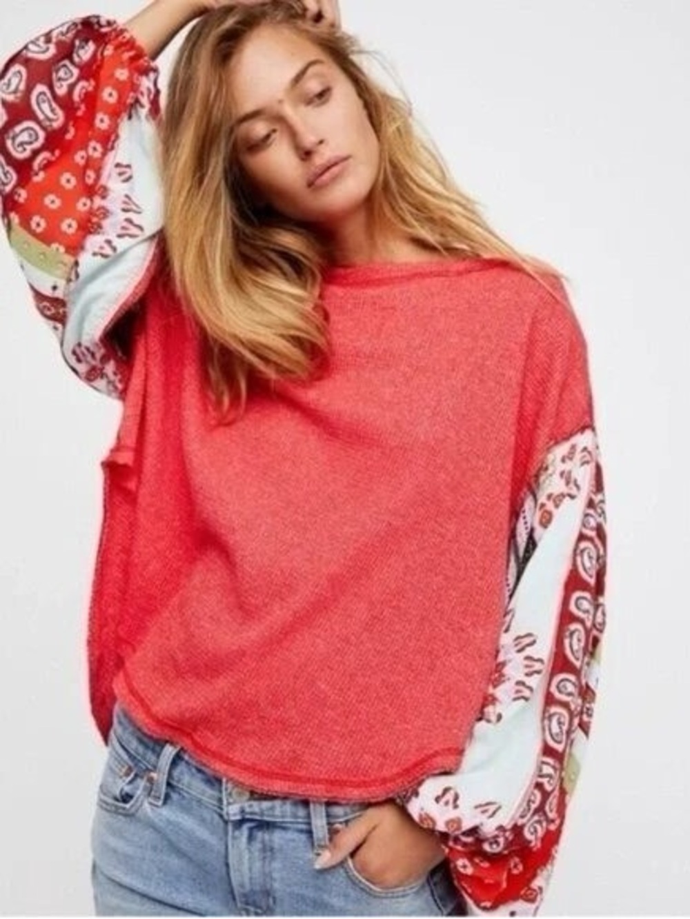 Free People We The Free Red Blossom Oversized Thermal Balloon Sleeve Top, Size L